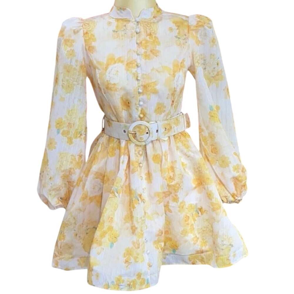 Yellow Floral Button up Dress with Belt size M
